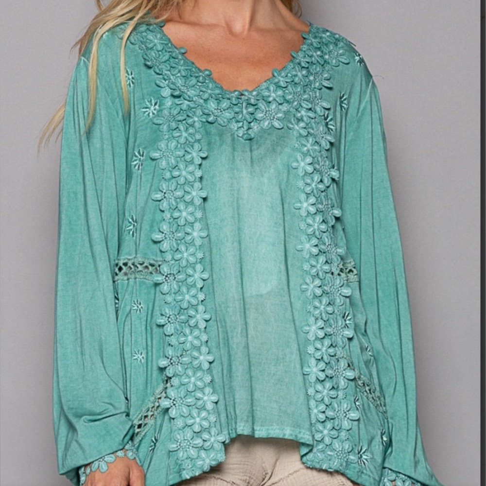 POL Teal Floral Embroidered Blouse